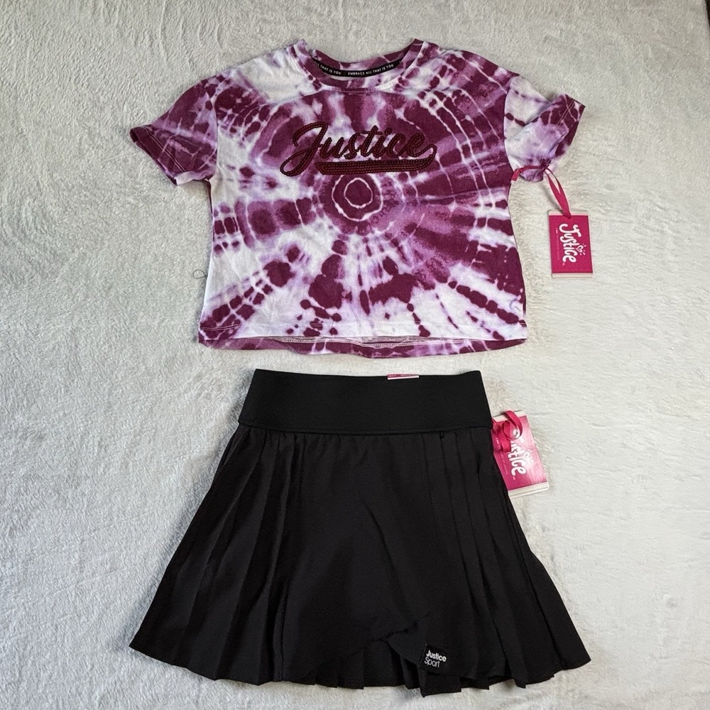 Justice Girls Lot Of 2 Top Tie Dye T-shirt Sequins & Black Skort Pleated Size S